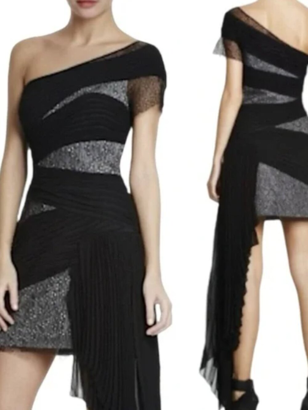 BCBG one shoulder runway pleated overlay dress